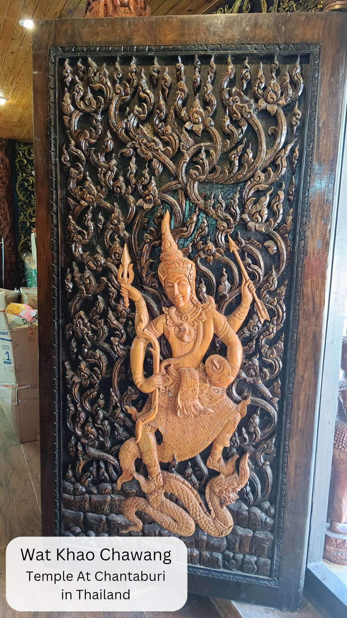 wooden carved door, temple in chantaburi thailand