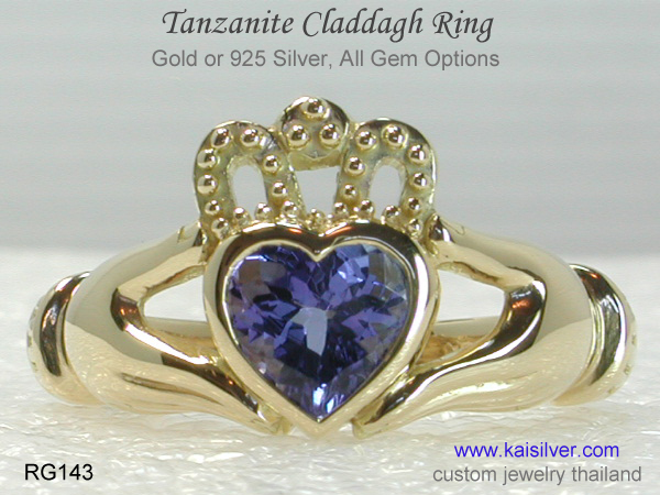 gem stone claddagh ring gold or silver