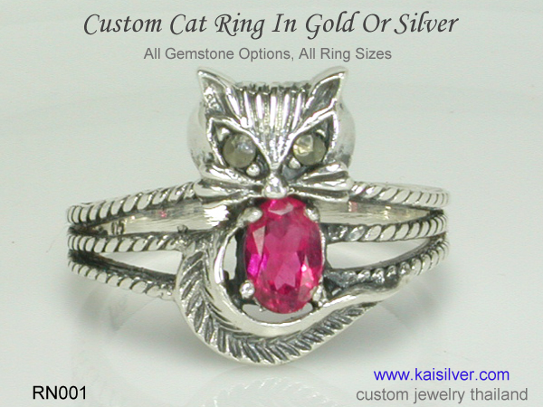cat ring silver gem stone